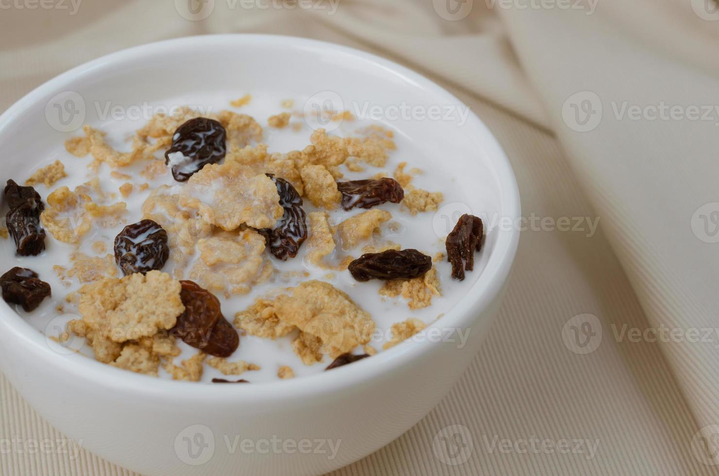 flingor och russin med mjölk för frukost måltid foto