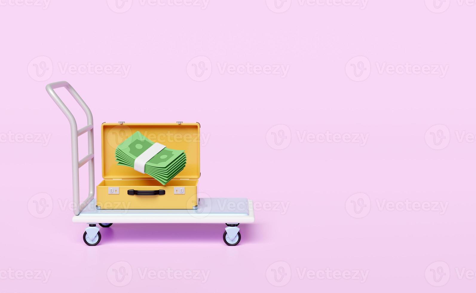lager vagn ikon 3d med lugg dollar sedel i gul resväska, plattform vagn isolerat på rosa bakgrund. investering eller företag finansiera, lån begrepp, 3d framställa illustration foto
