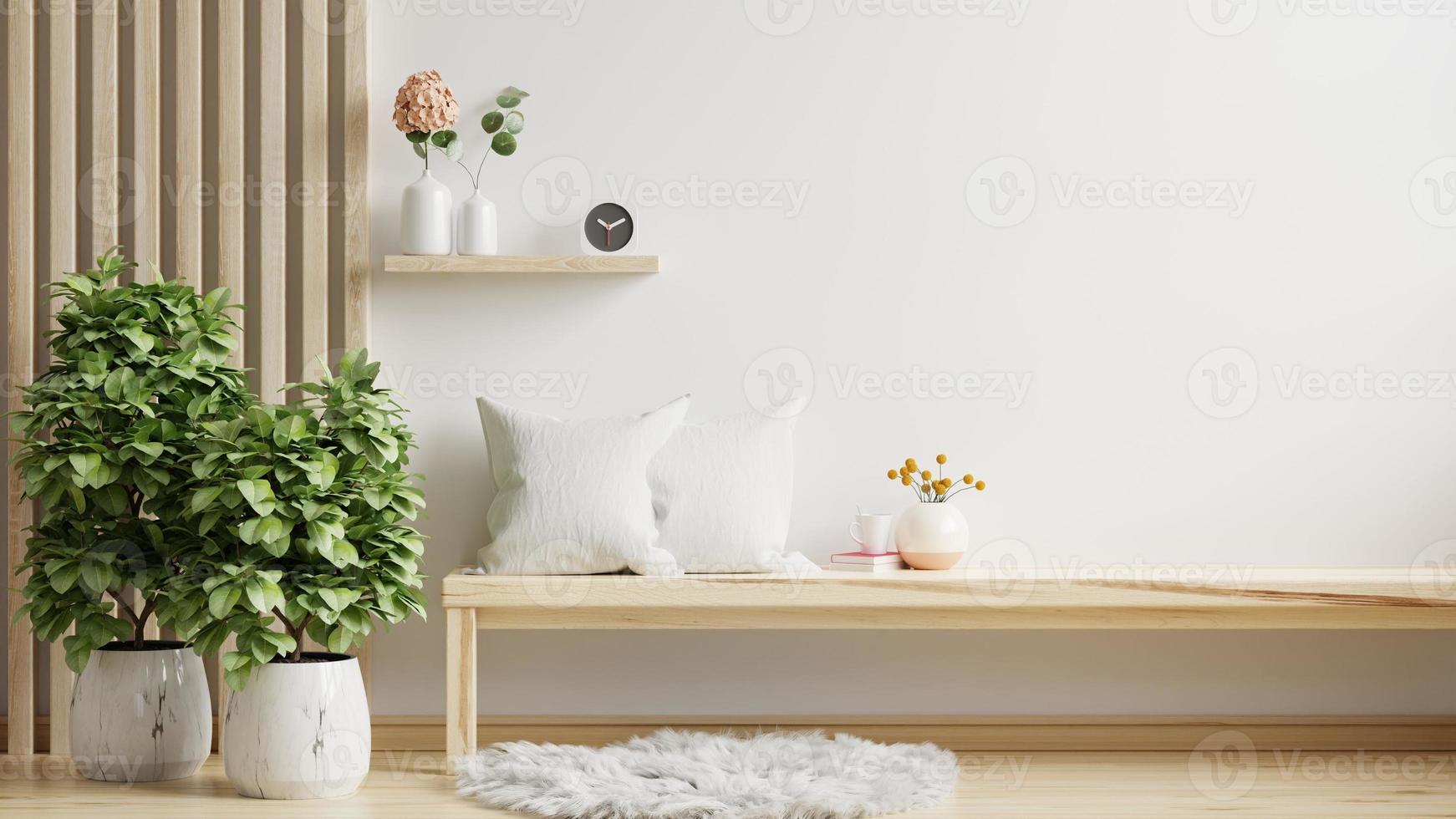 bänk med dekoration i Hem interiör, trä bänk nära vit vägg. 3d illustration tolkning foto
