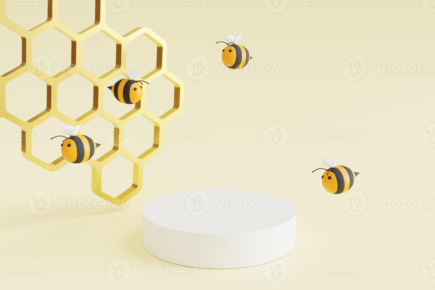 gyllene vaxkaka och liten bin. med tömma piedestaler för produkt annonser. tecknad serie ikon begrepp. 3d tolkning foto