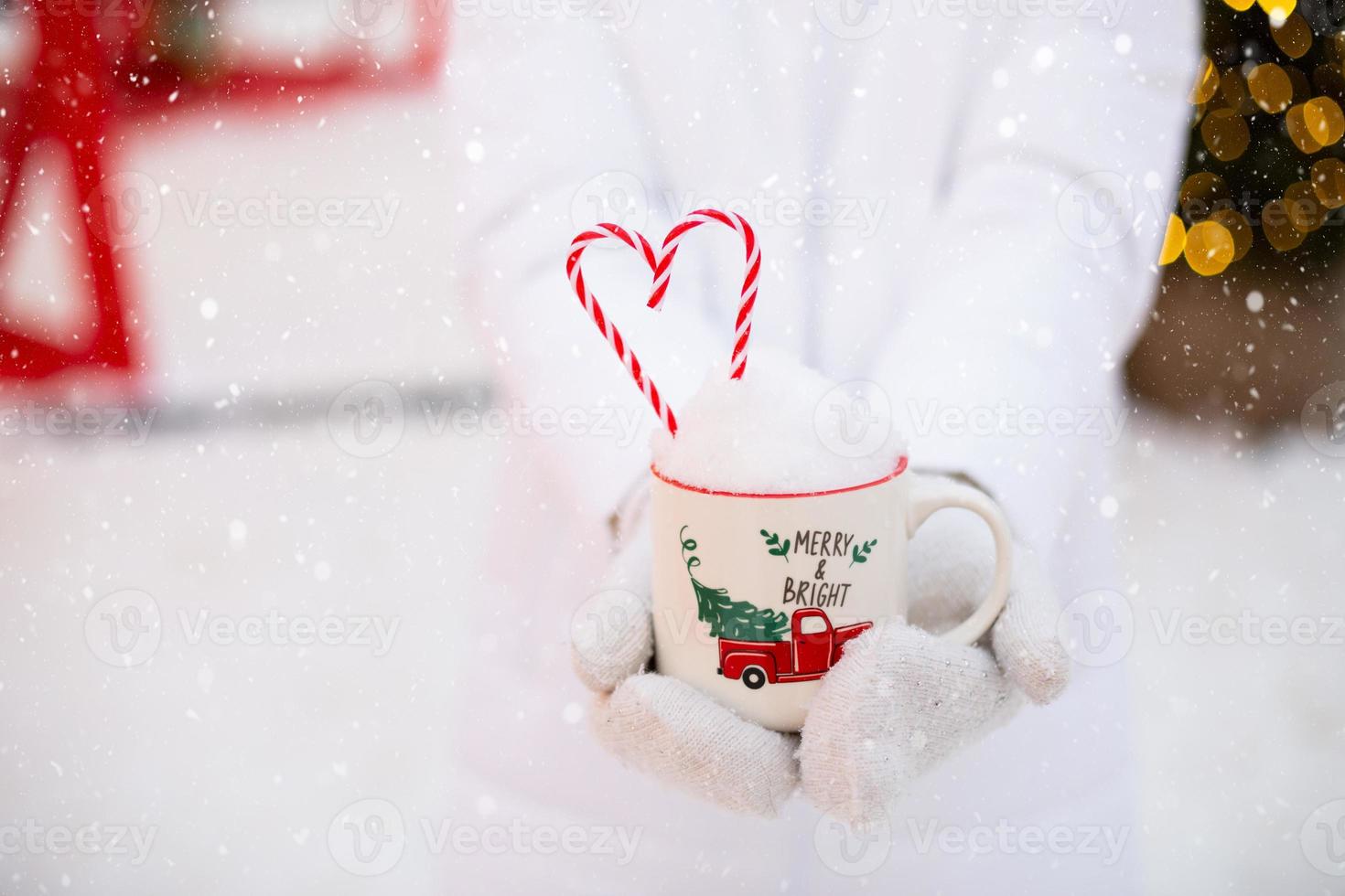 kvinna med råna med snö, godis sockerrör och inskrift glad och ljus i henne händer utomhus- i värma kläder i vinter- festlig marknadsföra. fe- lampor kransar dekorerad snö stad för ny år. jul foto
