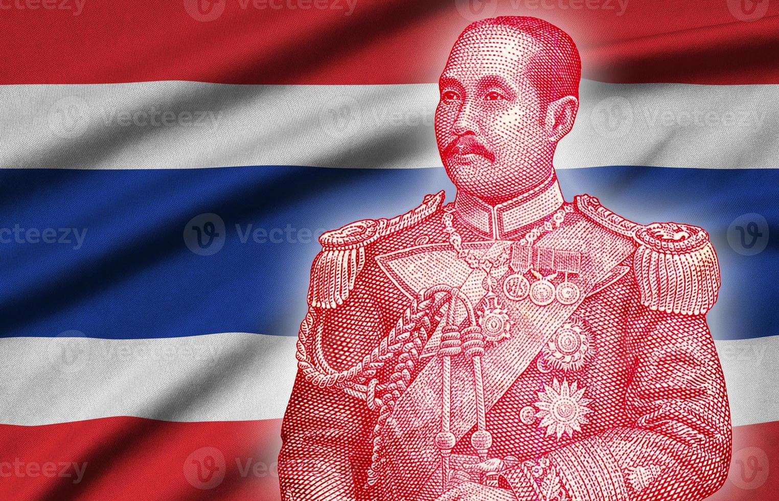 porträtt av chulalongkorn också känd som kung rama v var de femte monark av siam under de hus av chakri. figur på thailand flagga foto