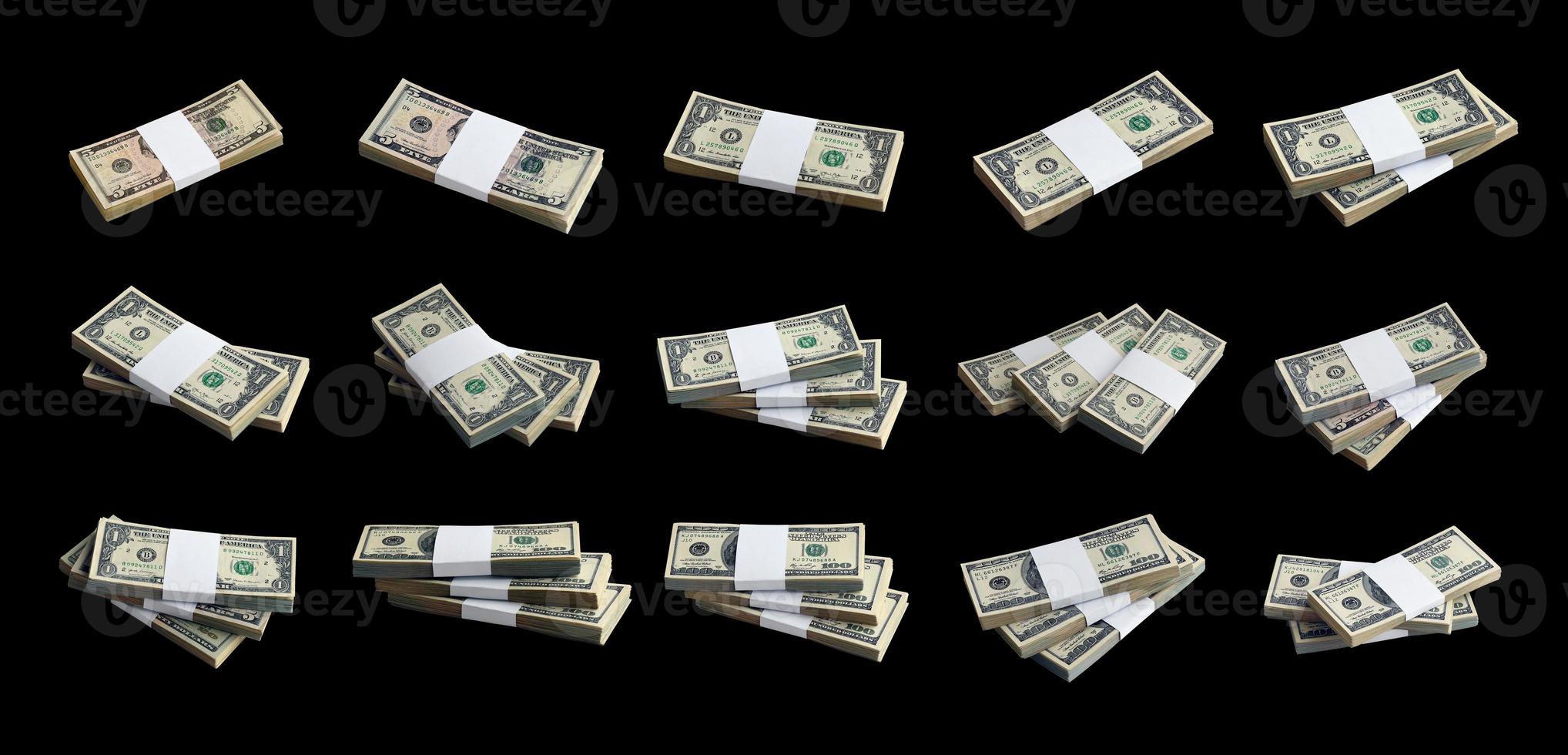 stor uppsättning av buntar av oss dollar räkningar isolerat på vit. collage med många förpackningar av amerikan pengar med hög upplösning på perfekt vit bakgrund foto