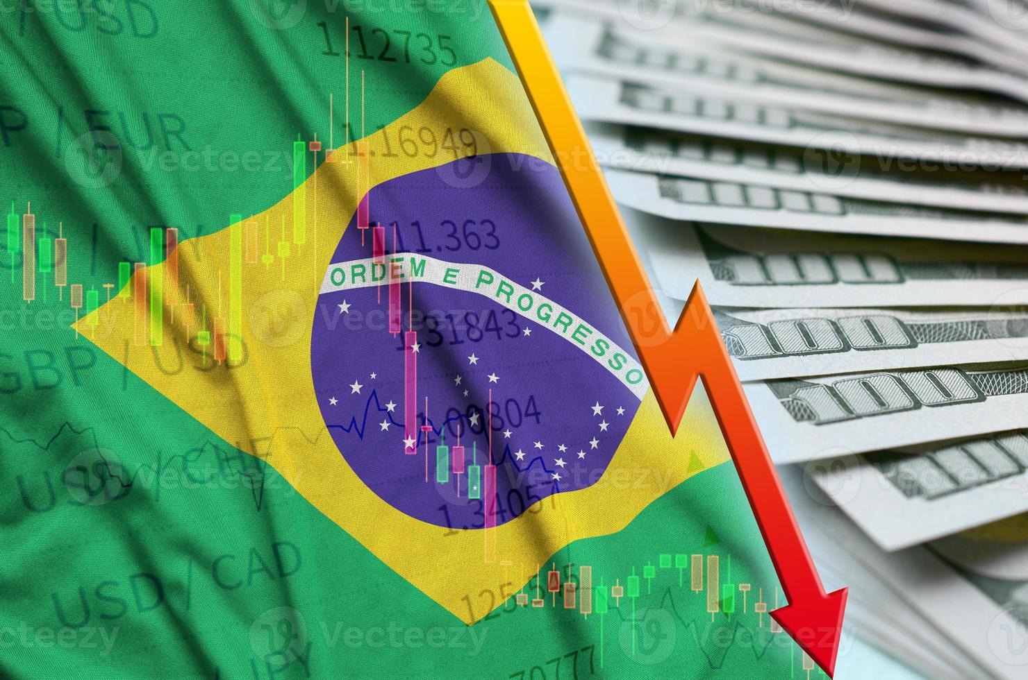 Brasilien flagga och Diagram faller oss dollar placera med en fläkt av dollar räkningar foto