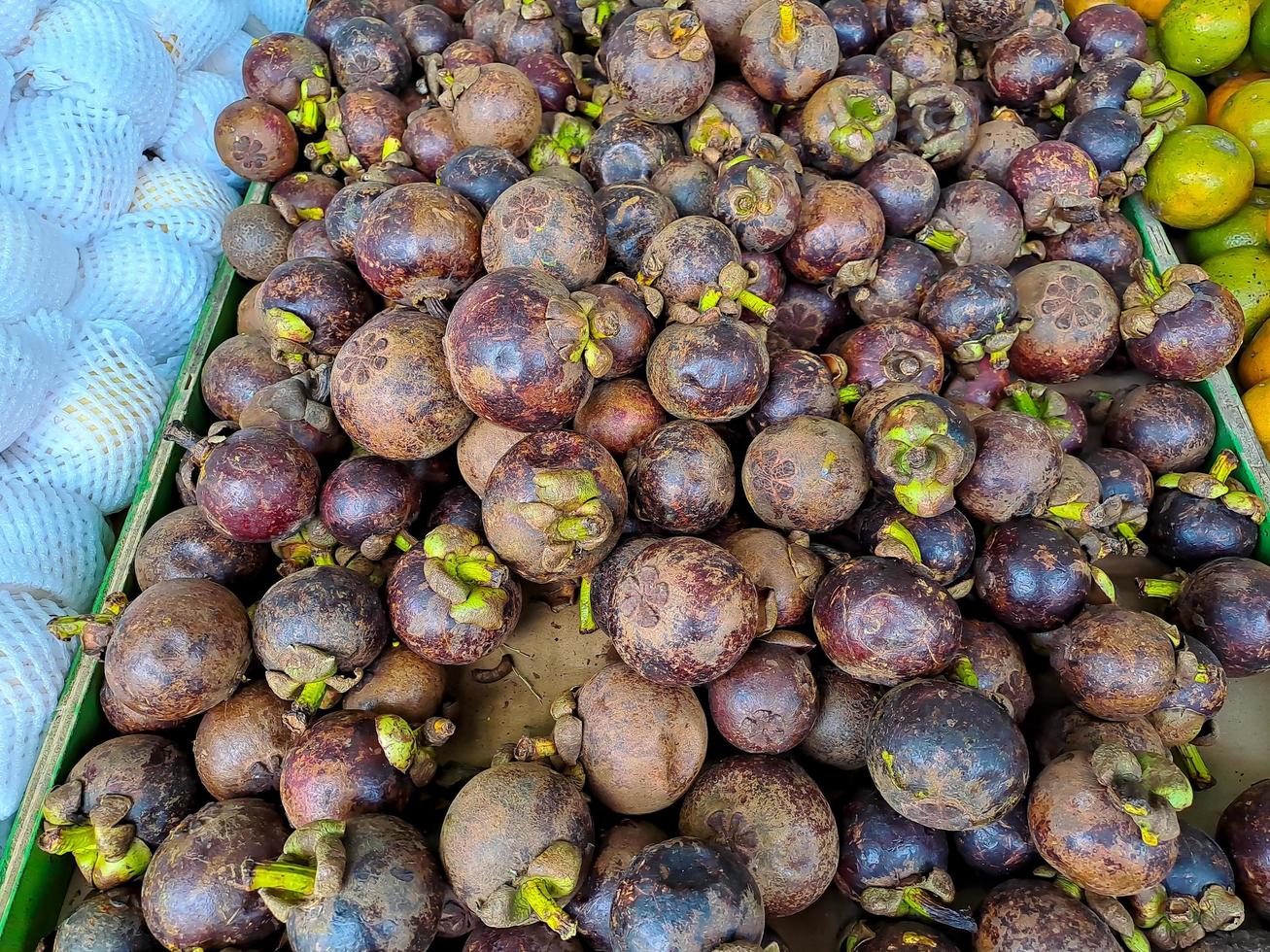knippa av ljuv lila mangostan frukt, flera frukt sätta på trä- tabell på naturlig bakgrund för försäljning foto