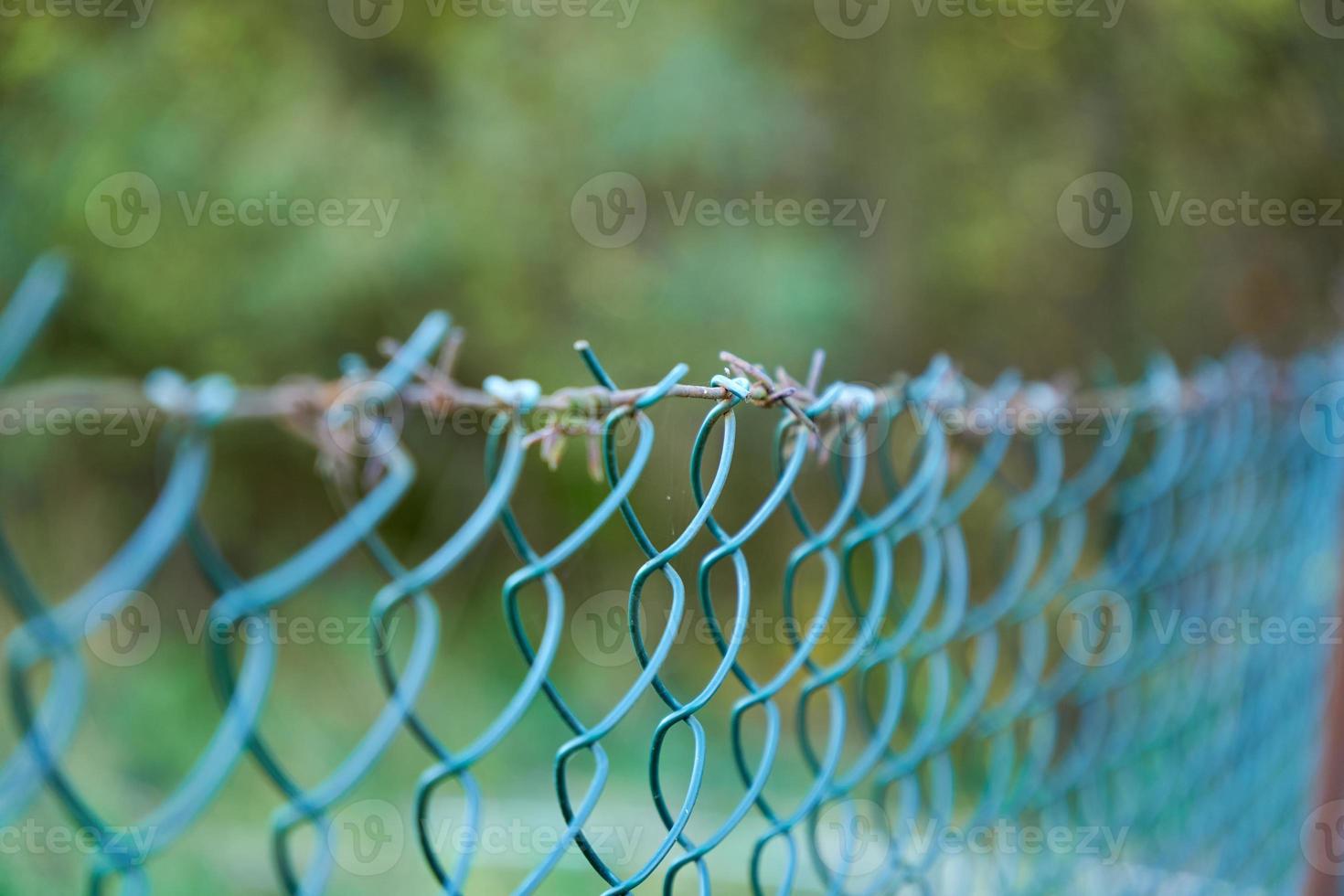 staket tillverkad av sammanflätade metall maska på låg djup av fält. foto