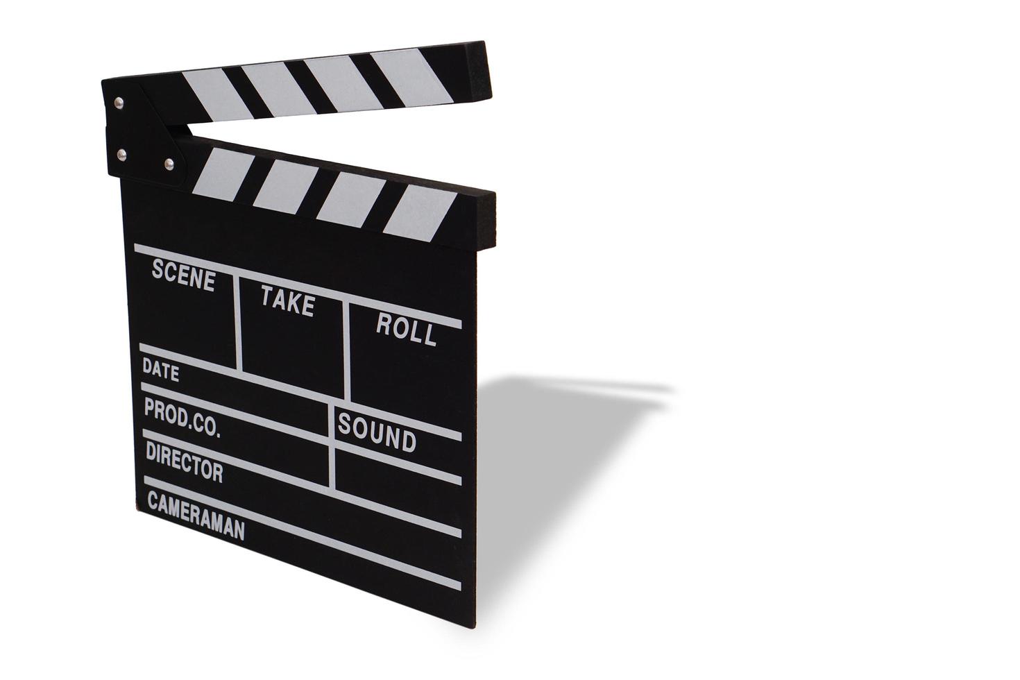 clapperboard eller film skiffer svart Färg på vit bakgrund. bio industri, video produktion och filma begrepp. foto