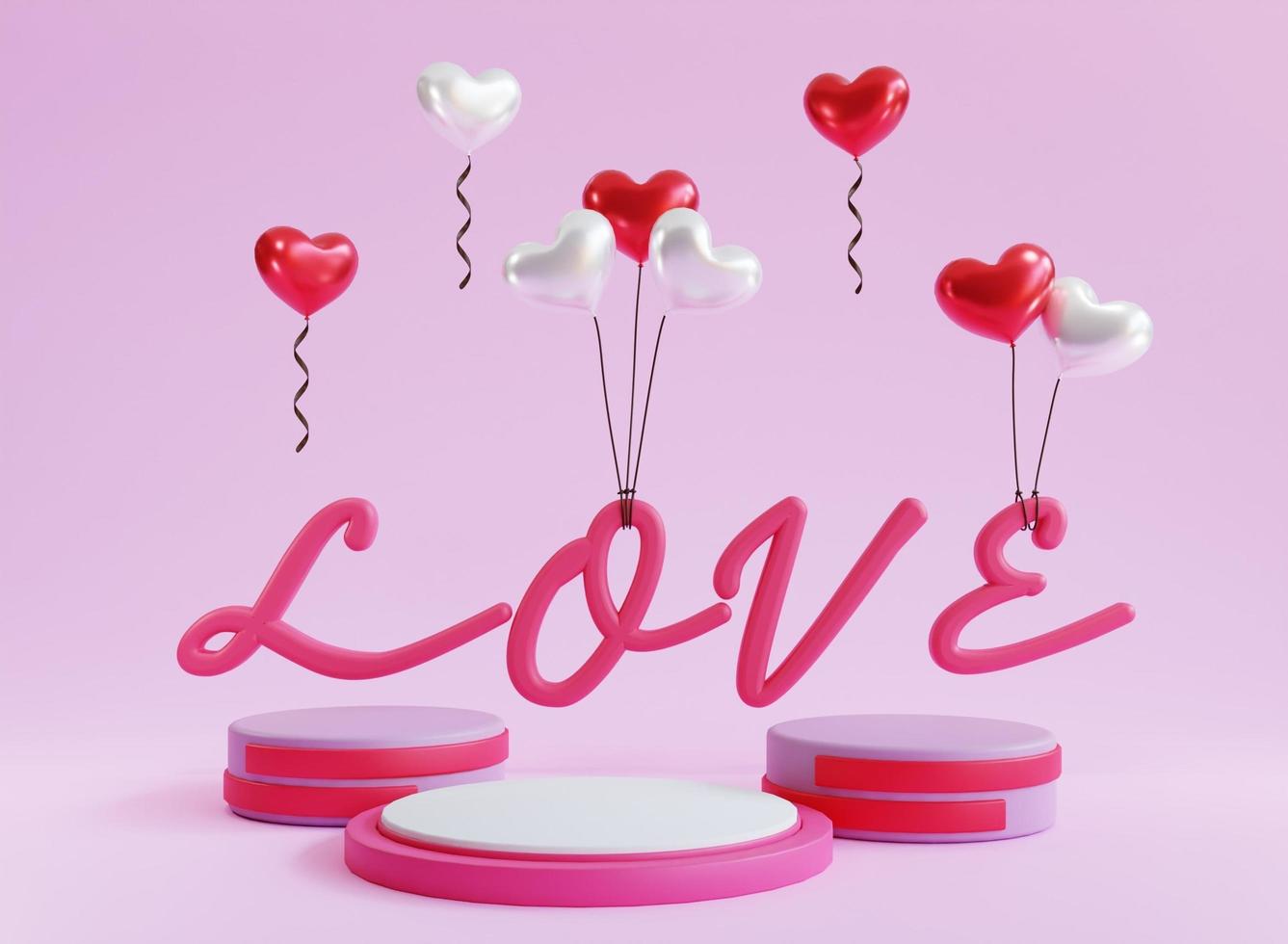 3d framställa valentine podium visa bakgrund med kärlek ballong foto