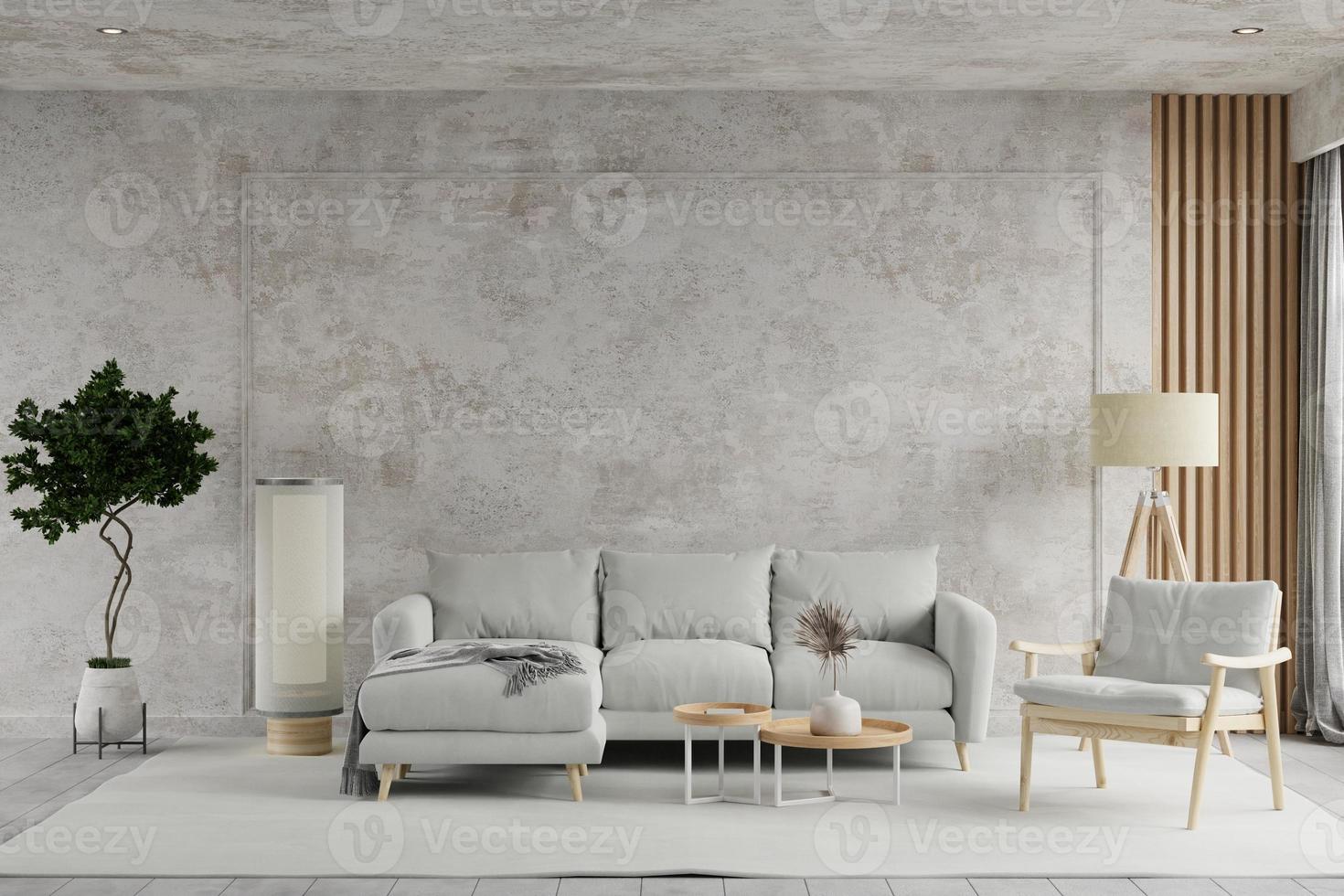 betong rum interiör med möbel och dekor. 3d illustration tolkning foto