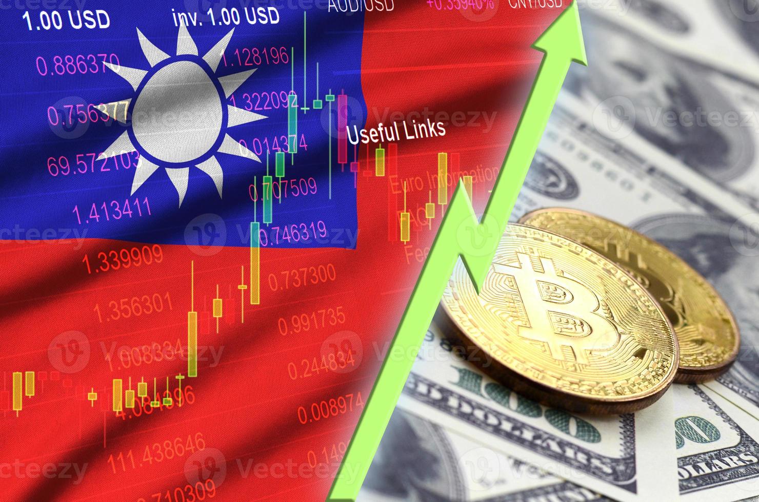 taiwan flagga och kryptovaluta växande trend med två bitcoins på dollar räkningar foto