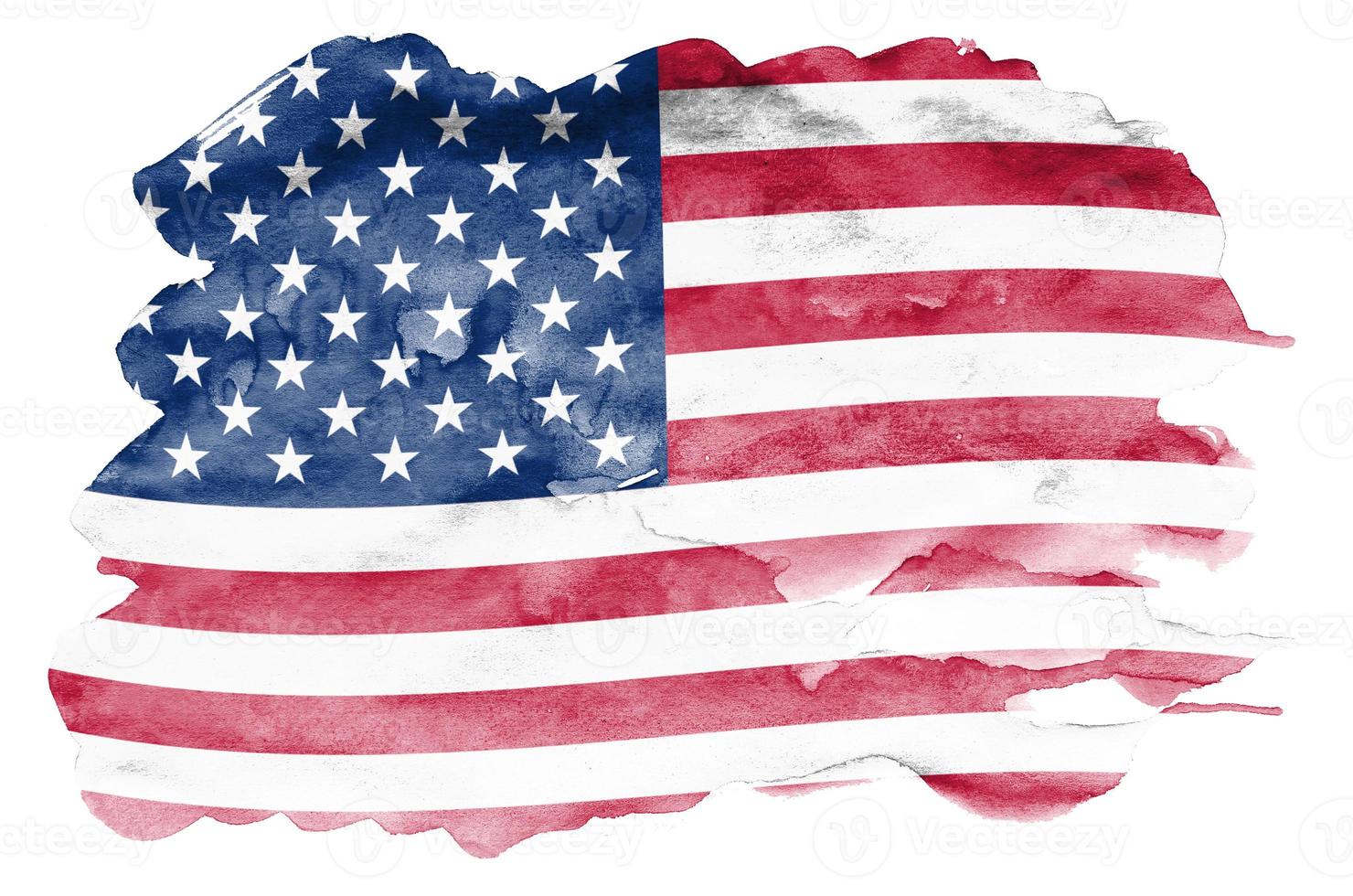 förenad stater av Amerika flagga är avbildad i flytande vattenfärg stil isolerat på vit bakgrund foto