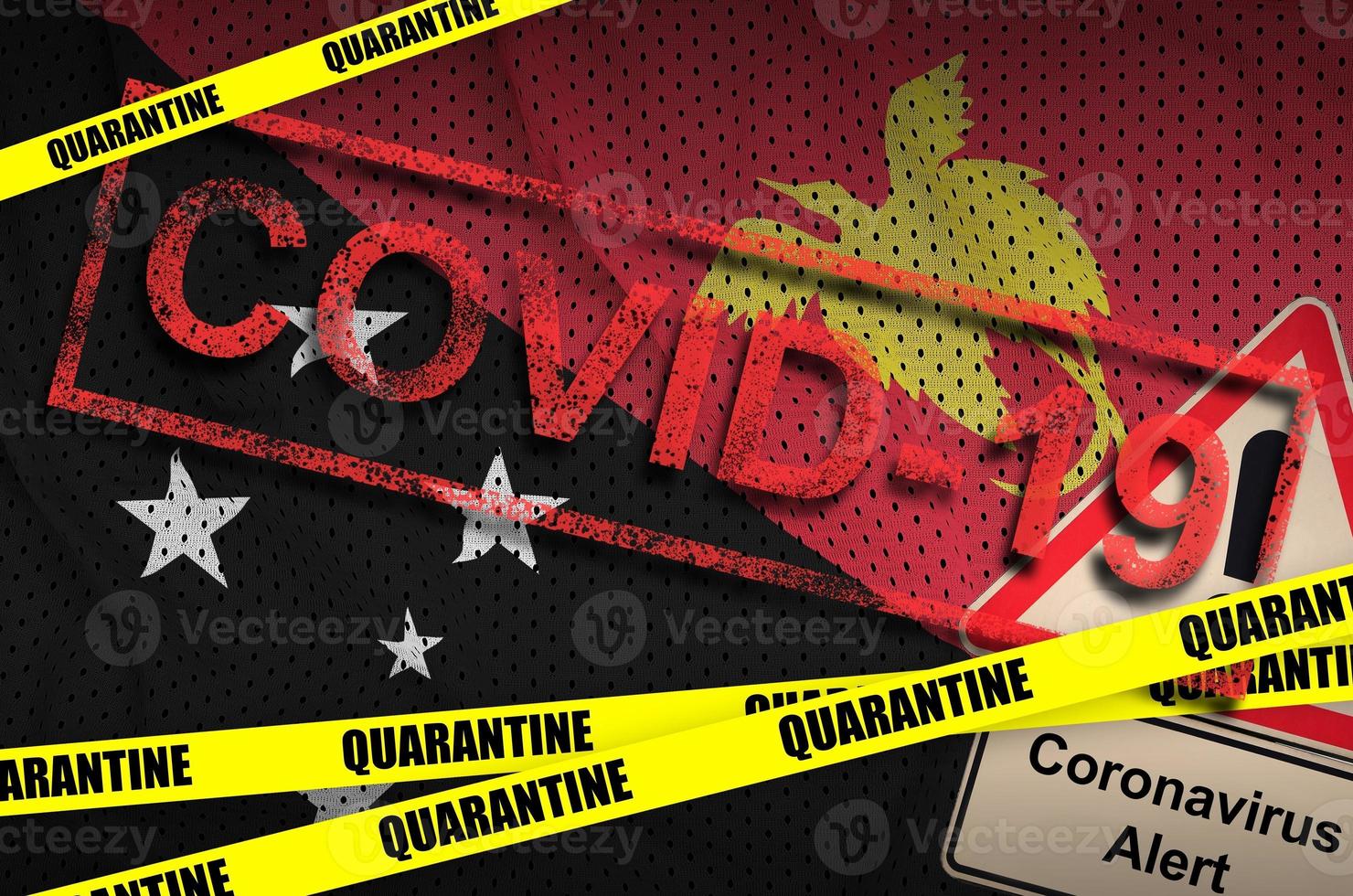 papua ny guinea flagga och covid-19 karantän gul tejp med röd stämpel. coronavirus eller 2019-ncov virus foto