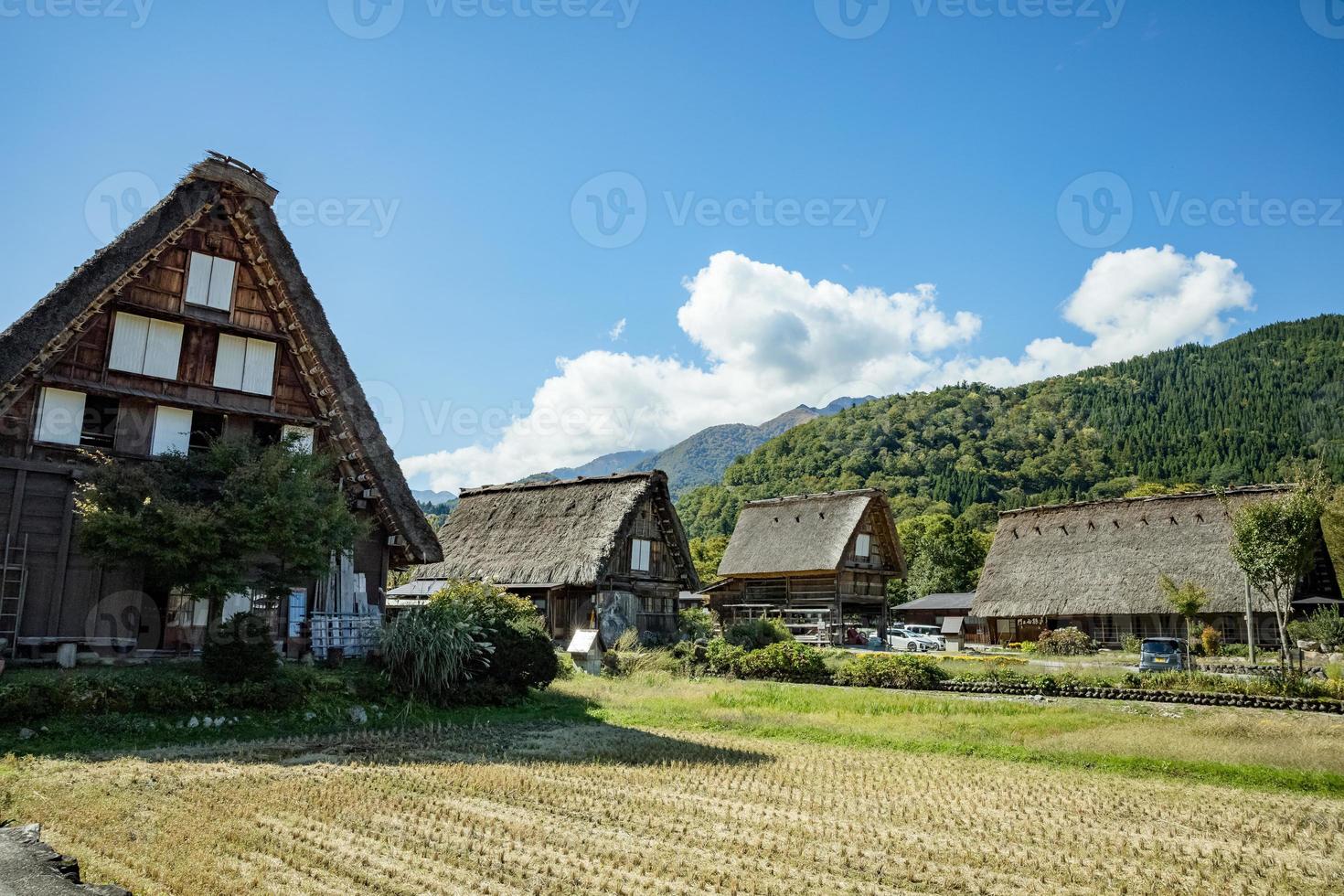 japansk shirakawago by under oktober i höst falla lövverk säsong. shirakawa traditionell hus på triangel tak med en bakgrund av ris fält, tall berg och klar moln himmel efter. foto