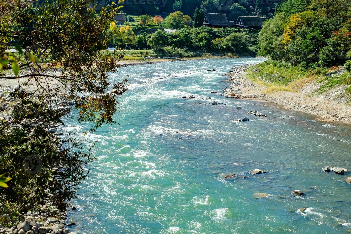 shokawa flod under falla lövverk i höst på shirakawago från de bro. foto