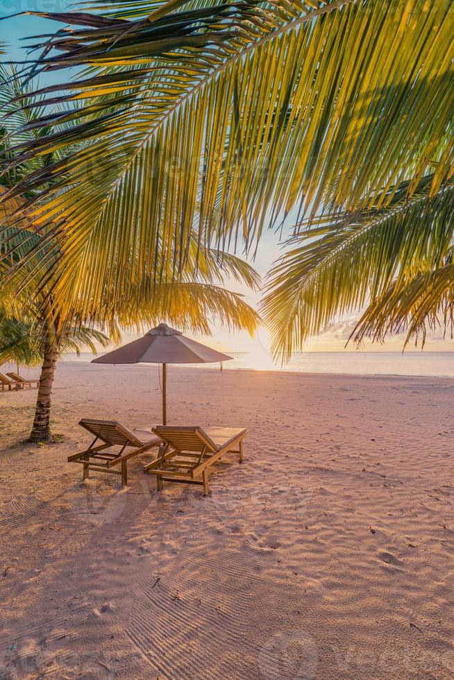 Fantastisk strand. romantisk stolar sandig strand hav himmel. par sommar Semester semester turism destination. inspirera tropisk landskap. lugn naturskön koppla av strand skön vertikal landskap bakgrund foto