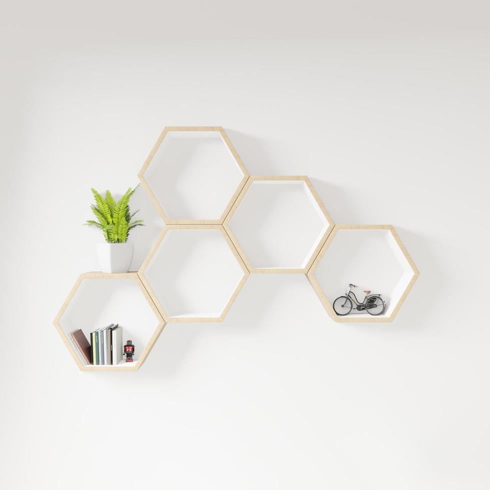 hexagon 3d bokhylla och växtdekoration foto