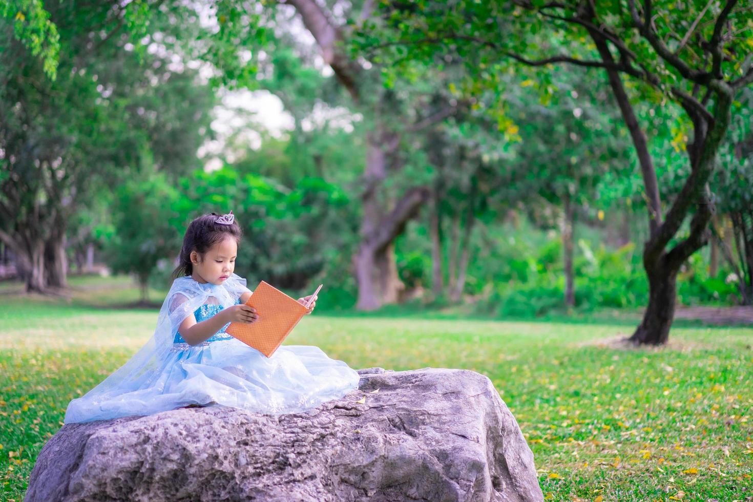 en liten söt asiatisk tjej som läser en bok foto