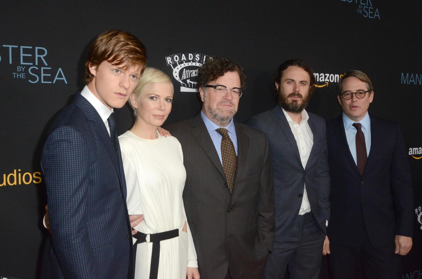 los angeles, nov 14 - Lucas häckar, michelle Williams, kenneth lonergan, caey affleck, Matthew broderick på de manchester förbi de hav på samuel goldwyn teater på november 14, 2016 i beverly kullar, ca foto