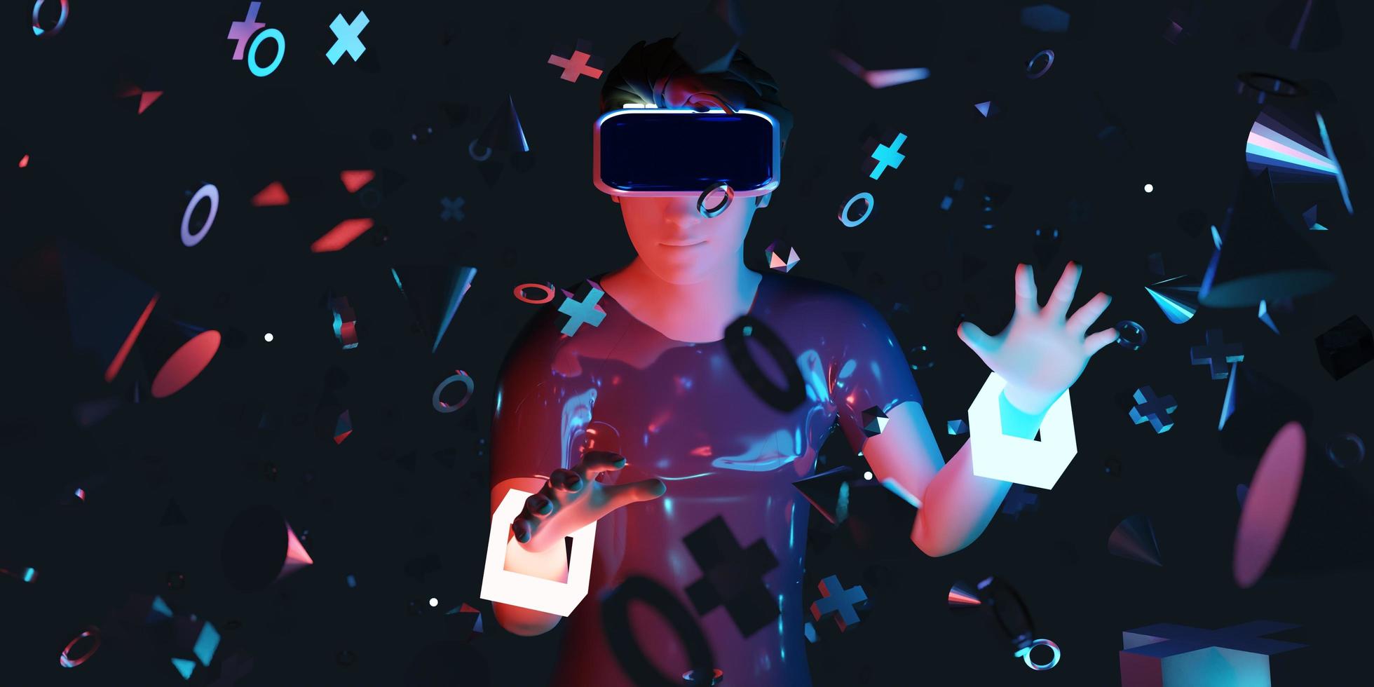 vr glasögon man upplever virtuell verklighet med enhet vr headsetet vr glasögon 3d illustration foto