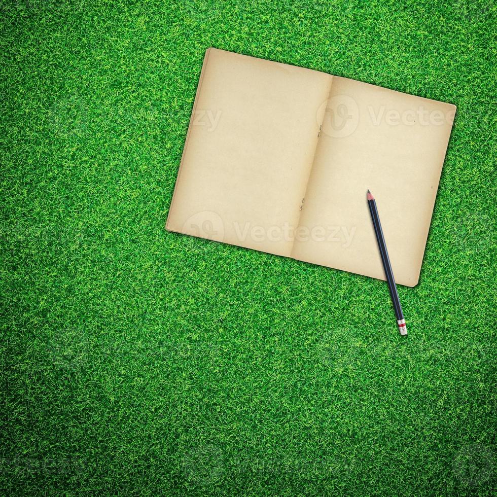 penna och gammal bok öppen på grön gräs bakgrund foto