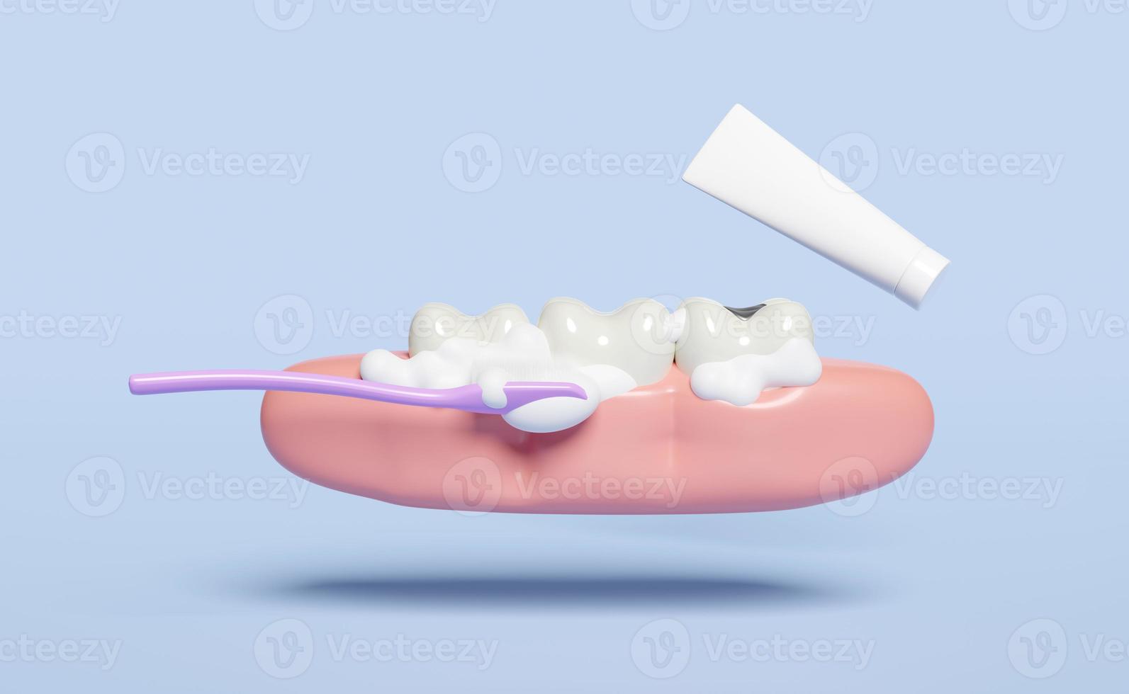 3d dental molar- tänder modell ikon med tandborste, tandkräm rör, tandkött, bubbla isolerat på blå bakgrund. dental undersökning av de tandläkare, hälsa av vit tänder, oral vård 3d framställa illustration foto