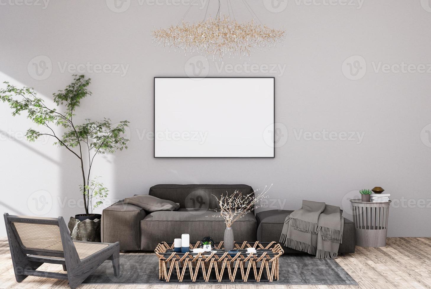 falsk upp affisch ram i modern interiör fullt möblerad rum bakgrund, levande rum, foto