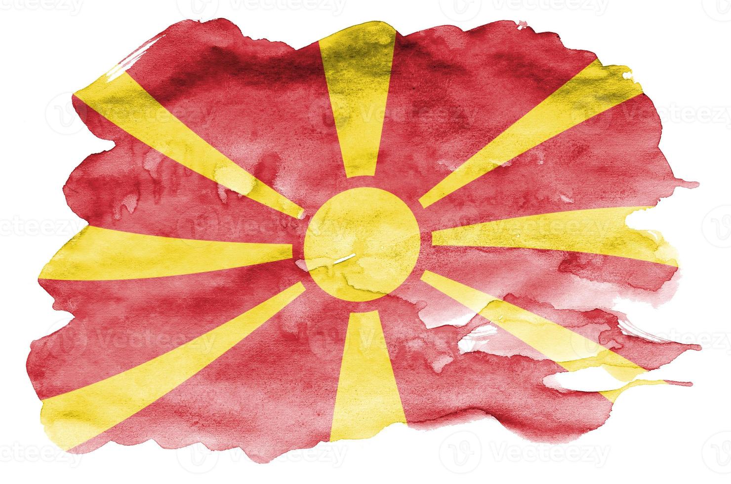 macedonia flagga är avbildad i flytande vattenfärg stil isolerat på vit bakgrund foto