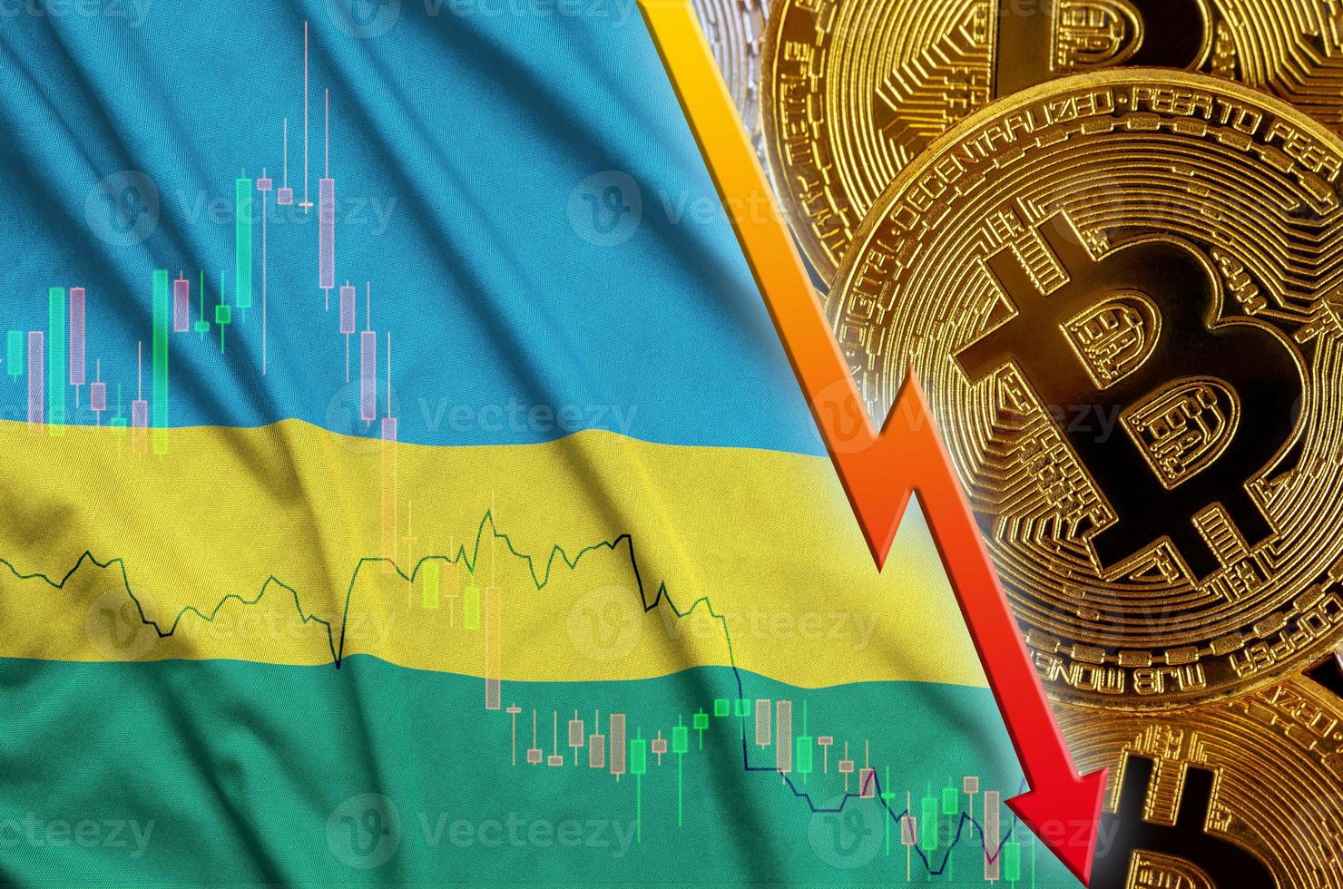 rwanda flagga och kryptovaluta faller trend med många gyllene bitcoins foto