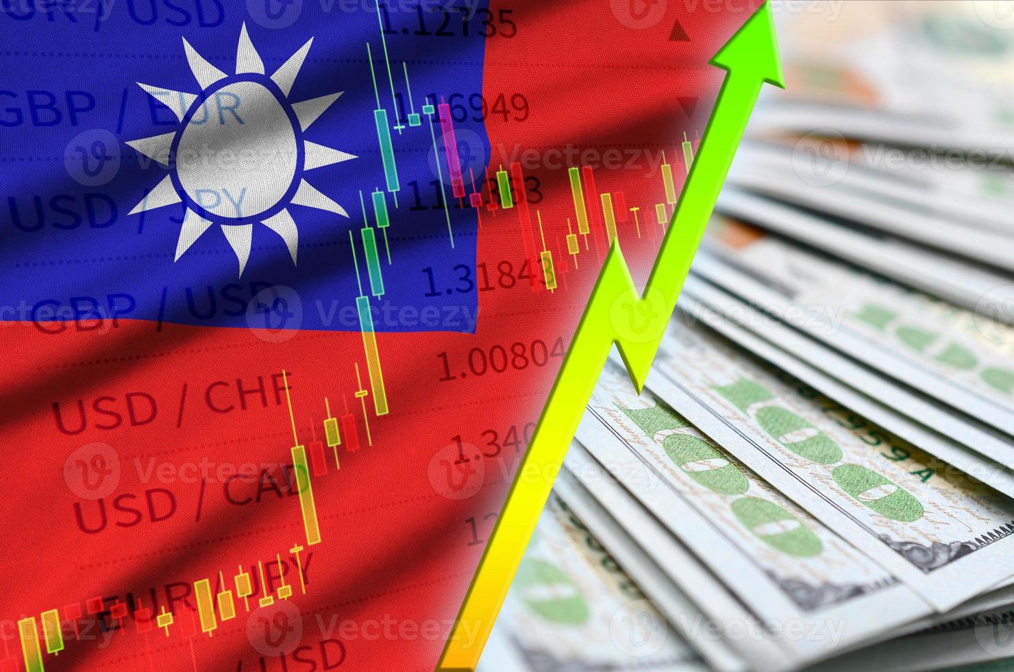 taiwan flagga och Diagram växande oss dollar placera med en fläkt av dollar räkningar foto