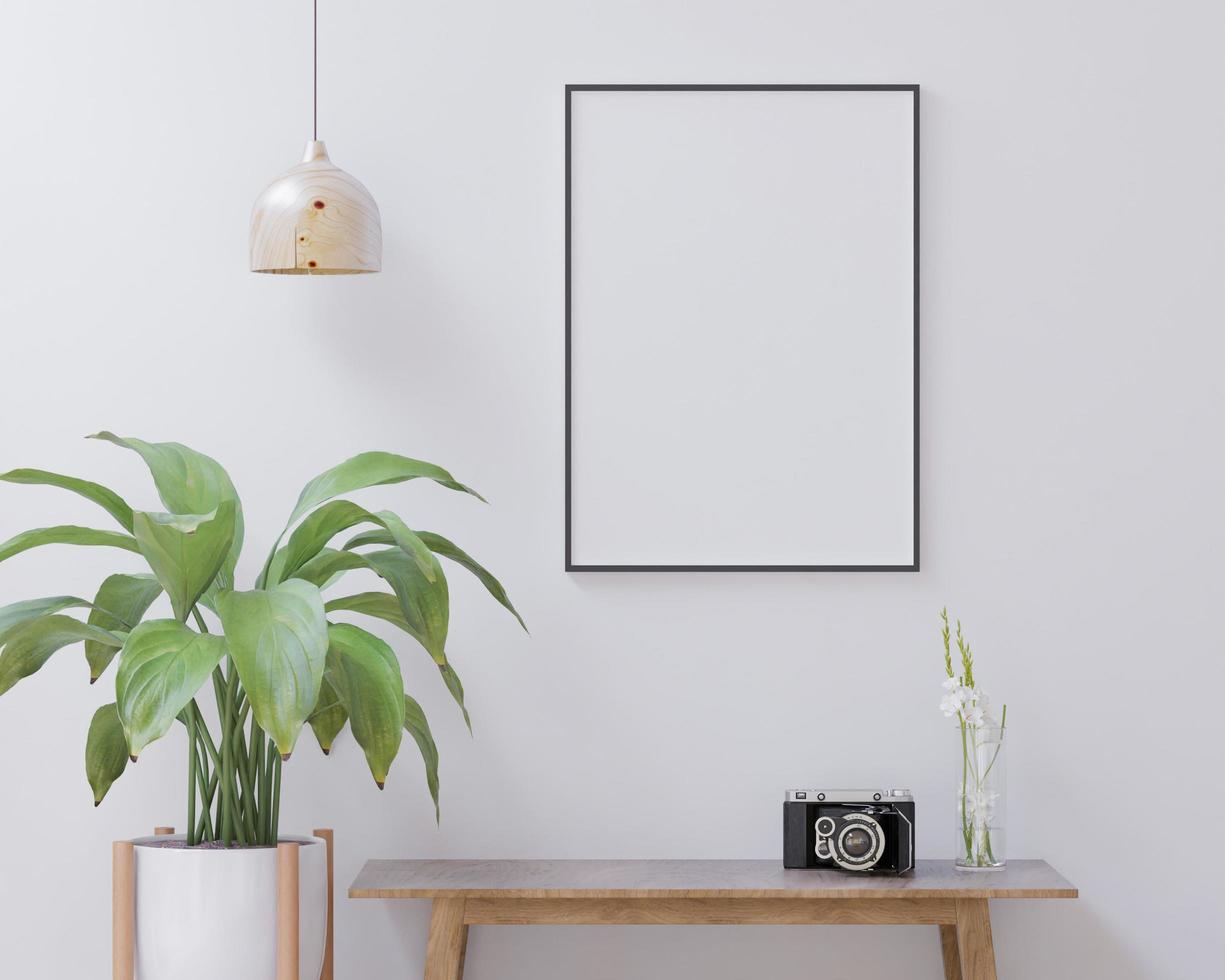 levande rum på de vit vägg bakgrund, träd på skåp, minimal stil ,ram form falsk upp - 3d tolkning - foto