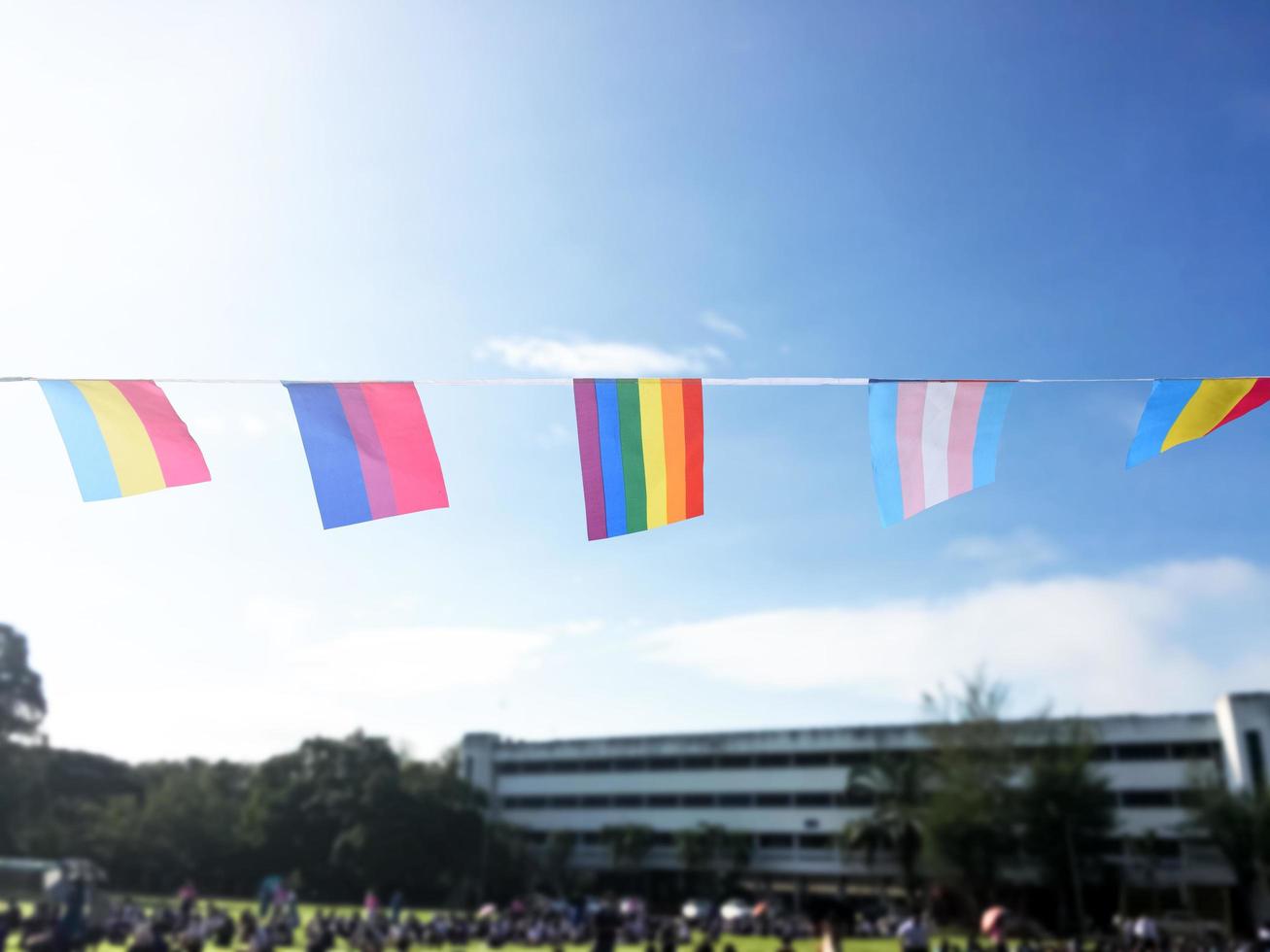 regnbåge flaggor och lgbtq plus flaggor var hängd på tråd mot blå himmel på solig dag, mjuk och selektiv fokus, begrepp för lgbtq plus kön fester i stolthet månad runt om de värld. foto