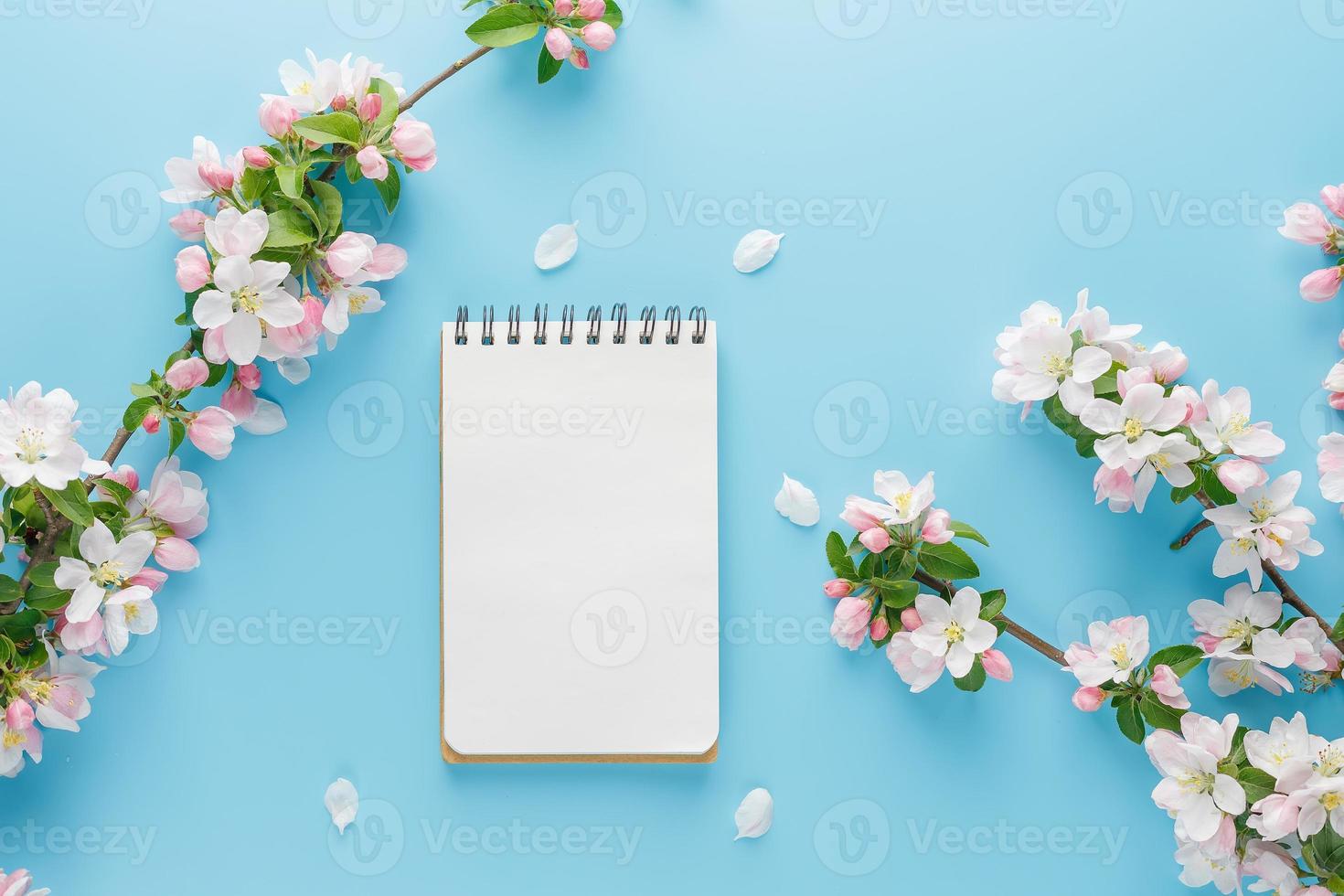 blomning vår sakura på en blå bakgrund med anteckningsblock Plats för en hälsning meddelande. de begrepp av vår och mors dag. skön delikat rosa körsbär blommor i springtime foto