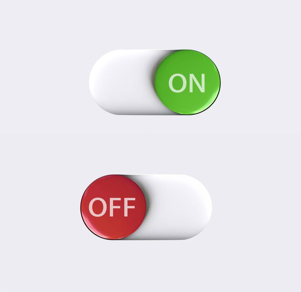 uppsättning av toggle knapp ikoner kraft knapp. på och av isolerat på vit bakgrund. symbol för logotyp, webb, app, och ui. kraft knapp ikon enkel tecken. 3d tolkning illustration foto