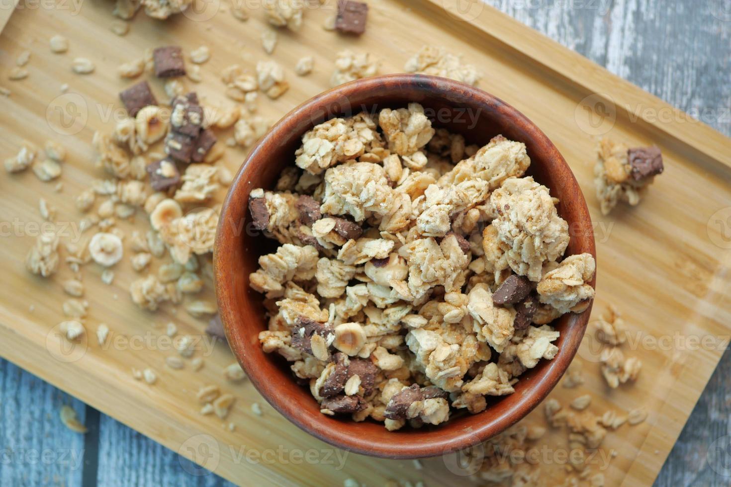 detalj skott av granola musli i en skål, foto