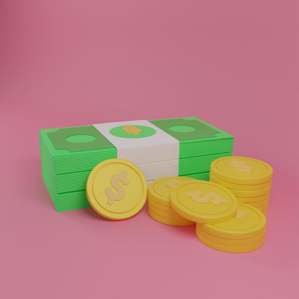 pengar begrepp. mynt stack och buntar av pengar på rosa bakgrund. 3d framställa illustration foto