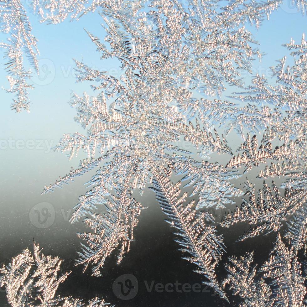 snöflingor frost rimfrost makro på fönster glas Ruta foto