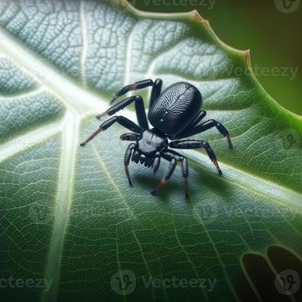 svart Färg söt Spindel på topp av en blad foto