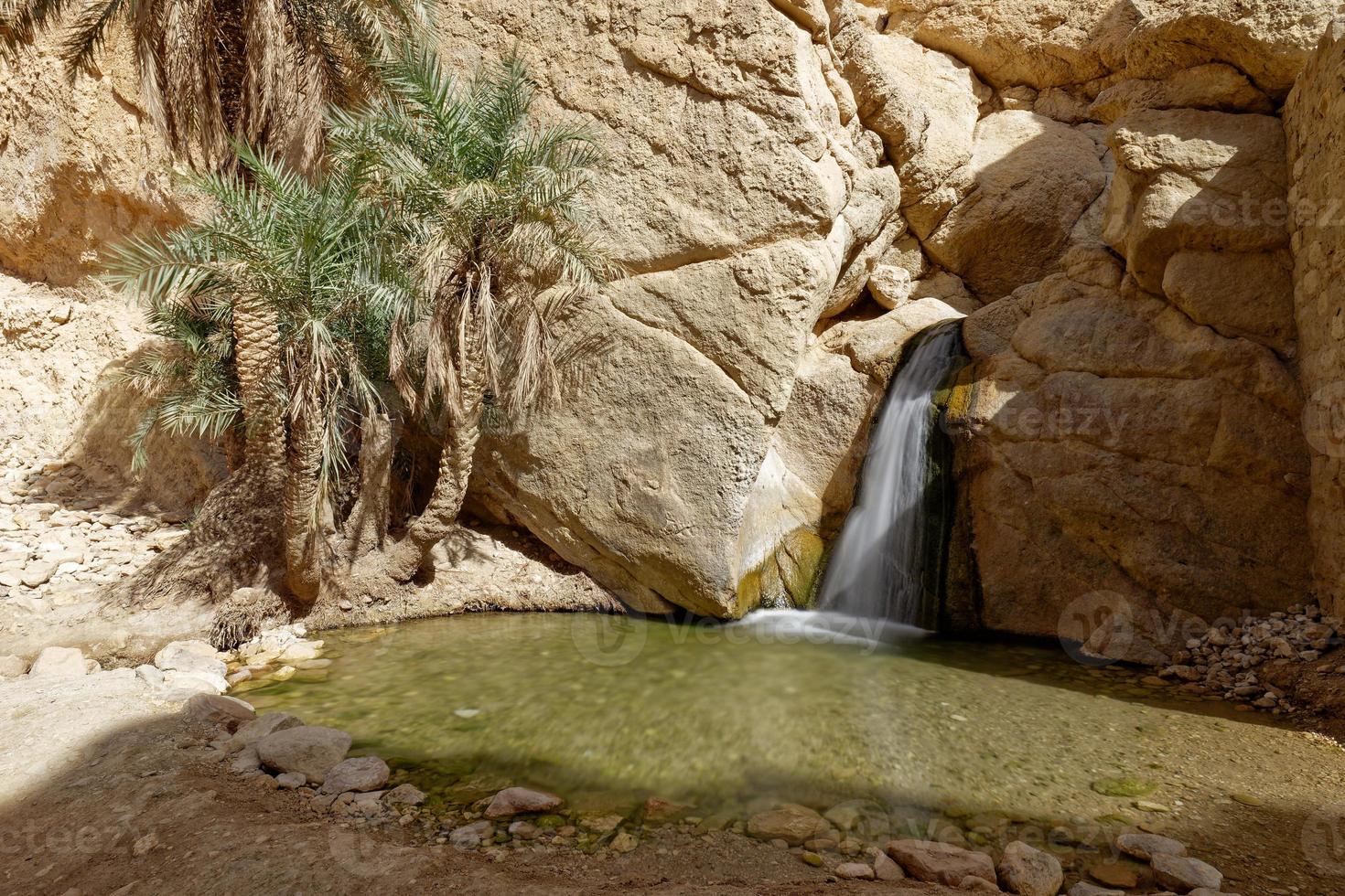 lång exponering av de chebika oas i tunisien. resa destination. högtider och avkopplande i de öken. vattenfall i ett torr och sandig område. handflatan träd Nästa till vatten. turism och äventyrlig liv. foto