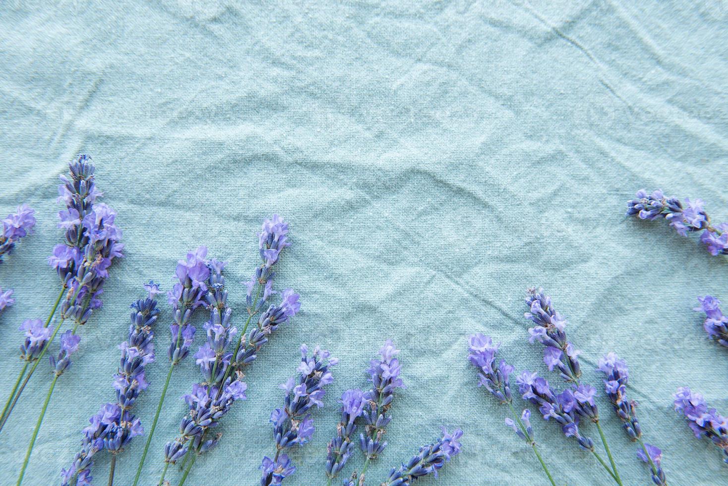 lavendel- blommor och löv kreativ ram på en textil- bakgrund foto