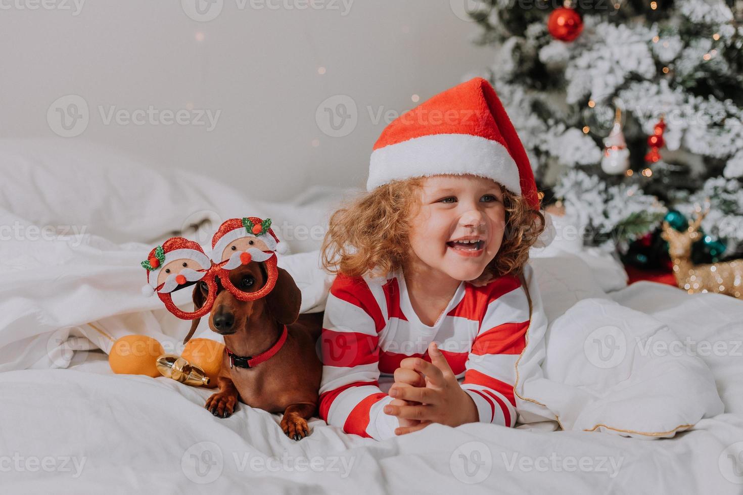 liten flicka i randig pyjamas och en santa hatt och hund i rolig glasögon med santa claus är liggande i säng på en vit ark mot de bakgrund av jul träd. Plats för text. hög kvalitet Foto