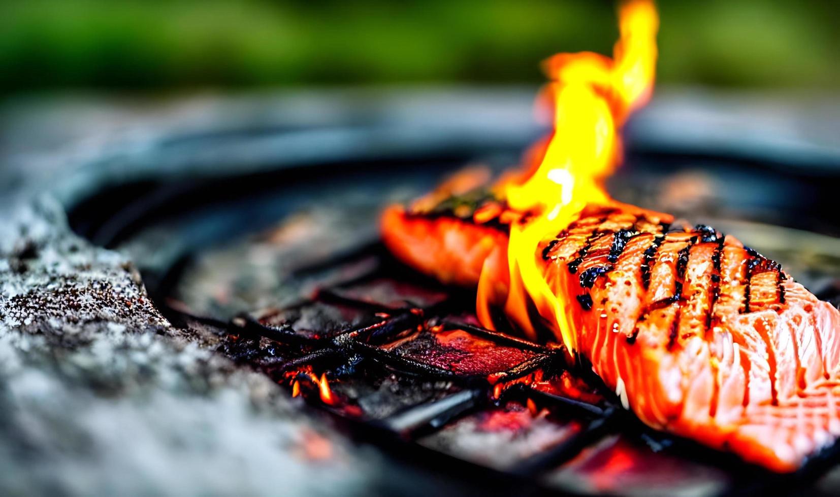 grillad lax. friska mat bakad lax. varm fisk maträtt. foto