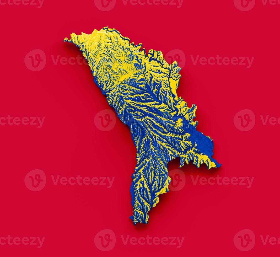 moldavien Karta med de flagga färger blå gul och röd skuggad lättnad Karta 3d illustration foto