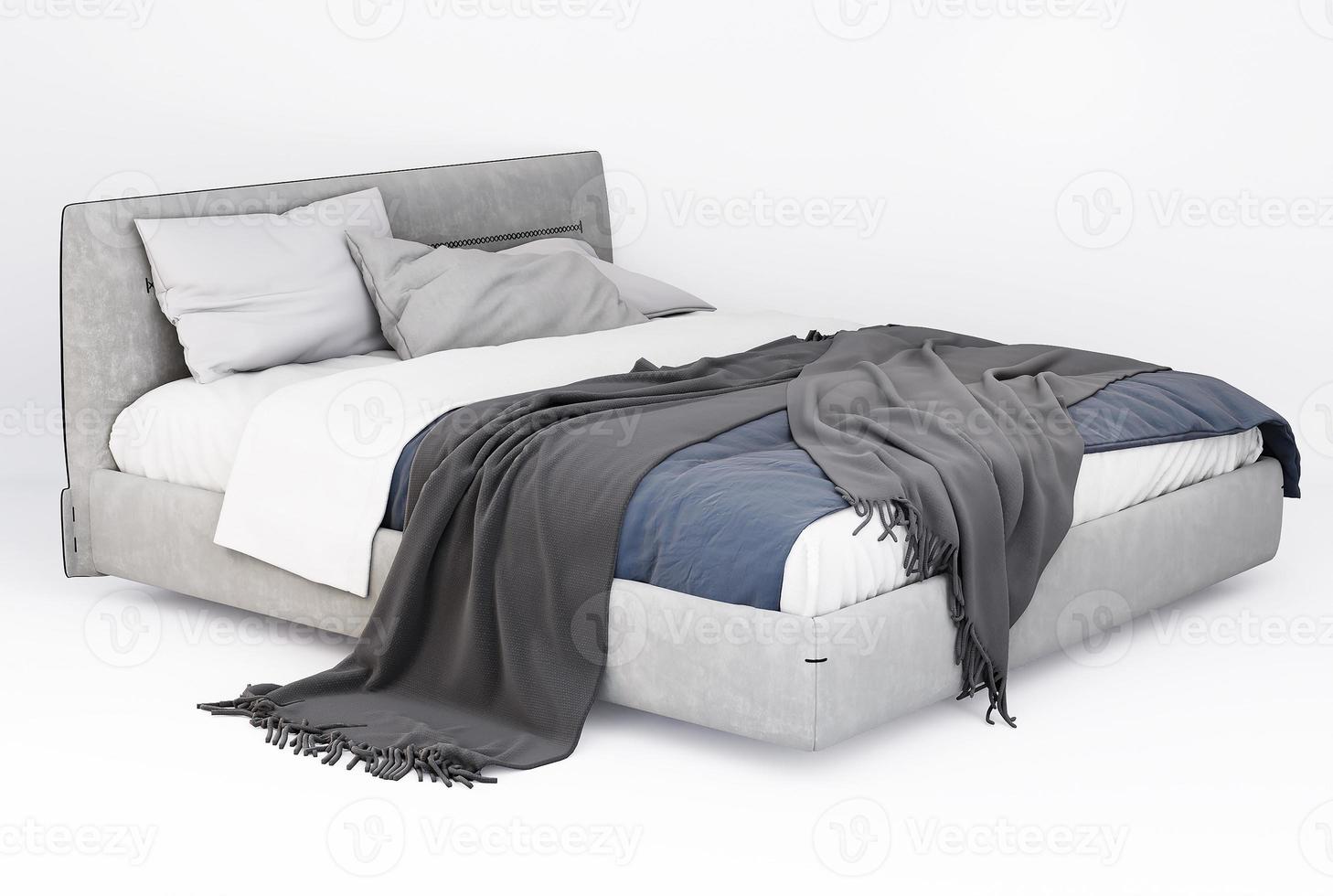 3d möbel modern grå dubbel- säng isolerat på en vit bakgrund med klippning väg, dekoration design för sovrum foto