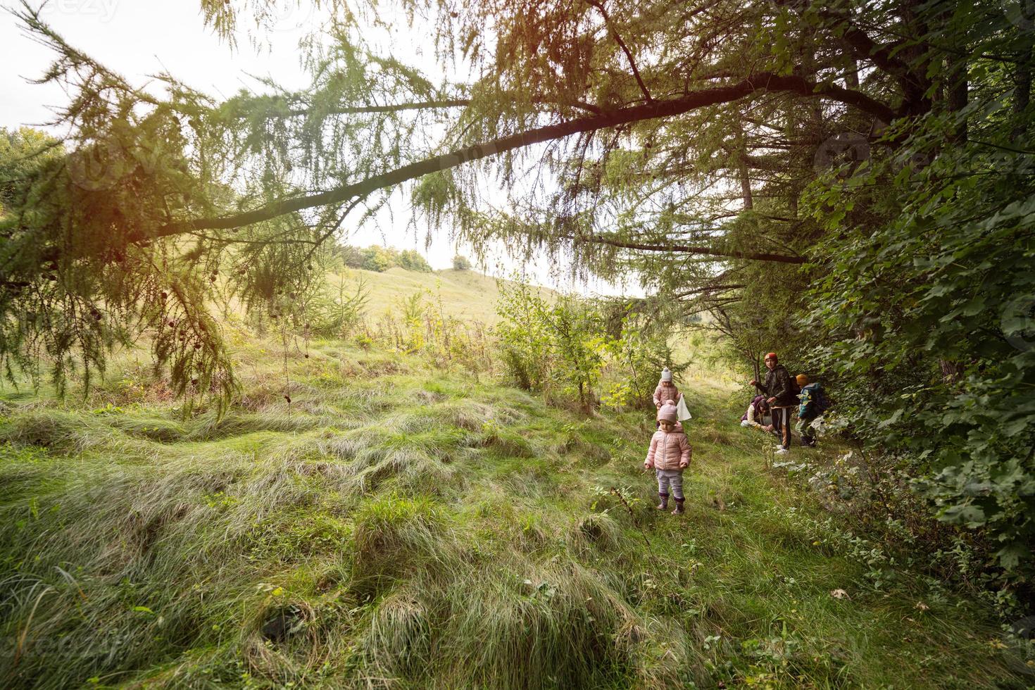 mor och barn sökande svamp i de vild skog. foto