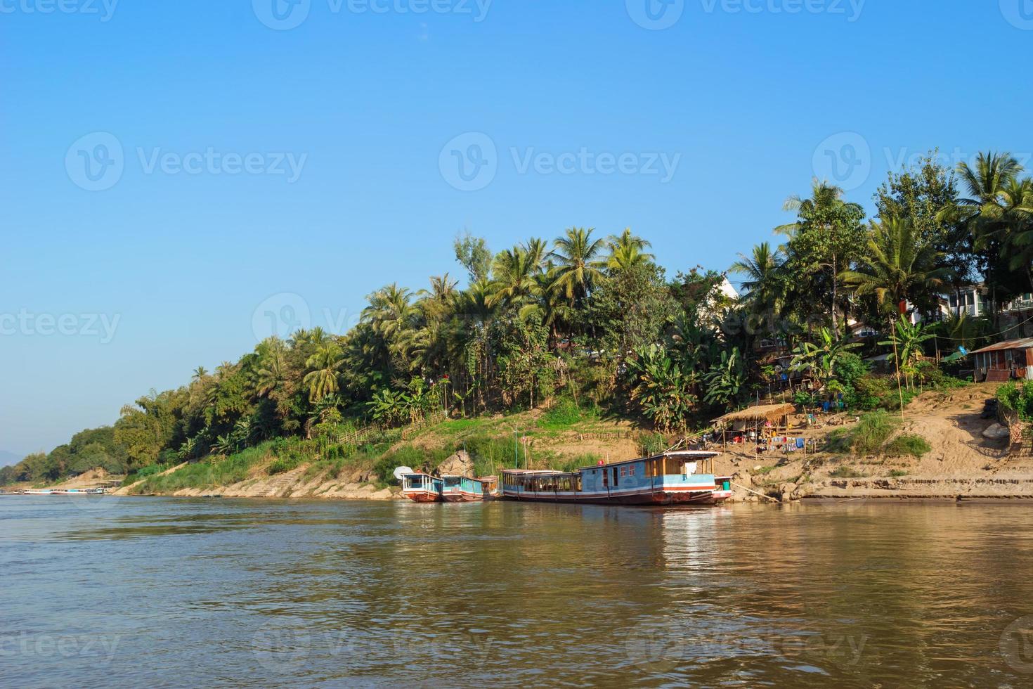 se på flodstrand med lång svans båtar, palmer träd och hus lokal- människor. mekong flod, luang prabang, laos. foto