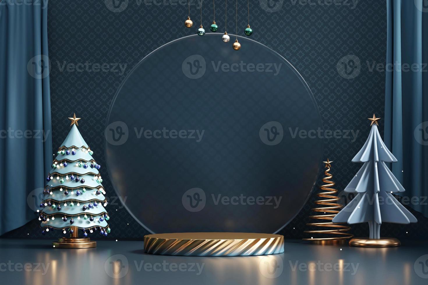 lyx glad jul produkt visa podium med tall träd och dekoration 3d framställa foto