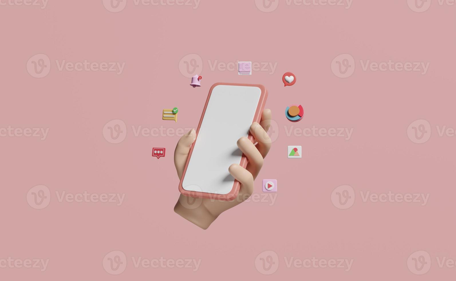 3d social media med hand innehav mobil telefon, smartphone ikoner isolerat på rosa bakgrund. uppkopplad social, kommunikation applikationer, minimal mall begrepp, 3d framställa illustration foto