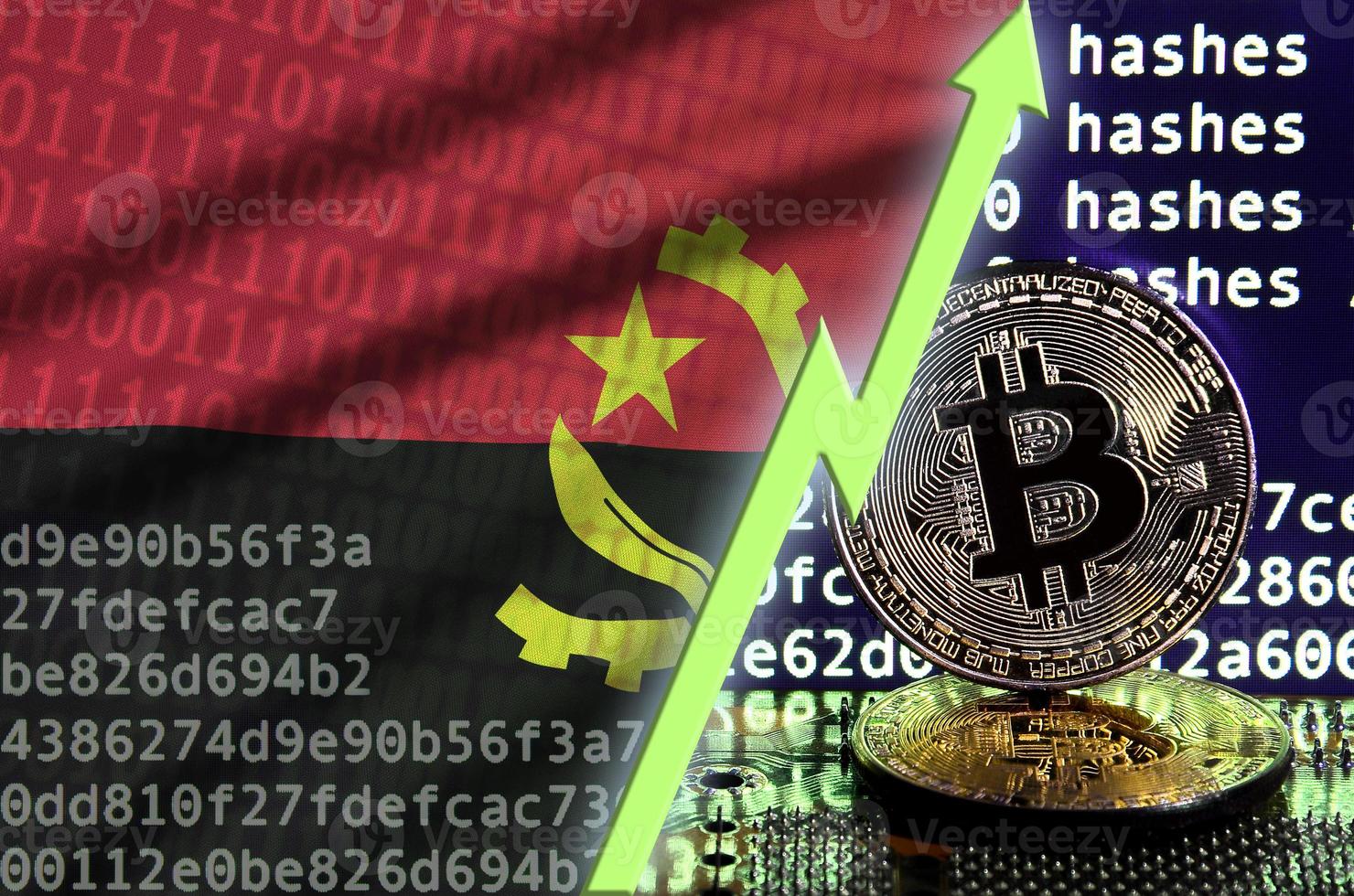 angola flagga och stigande grön pil på bitcoin brytning skärm och två fysisk gyllene bitcoins foto