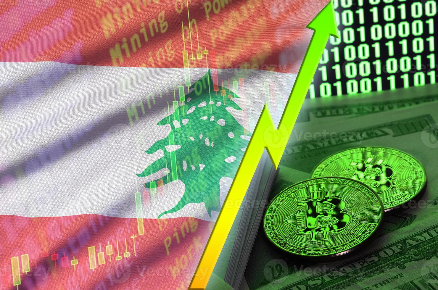 libanon flagga och kryptovaluta växande trend med två bitcoins på dollar räkningar och binär koda visa foto