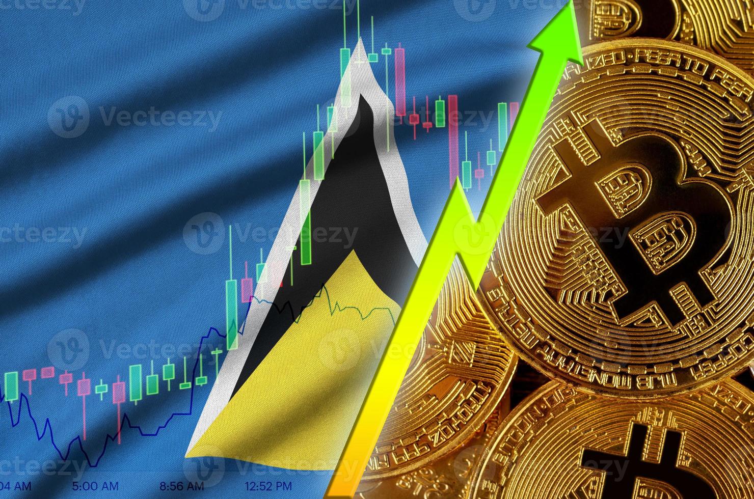 helgon lucia flagga och kryptovaluta växande trend med många gyllene bitcoins foto